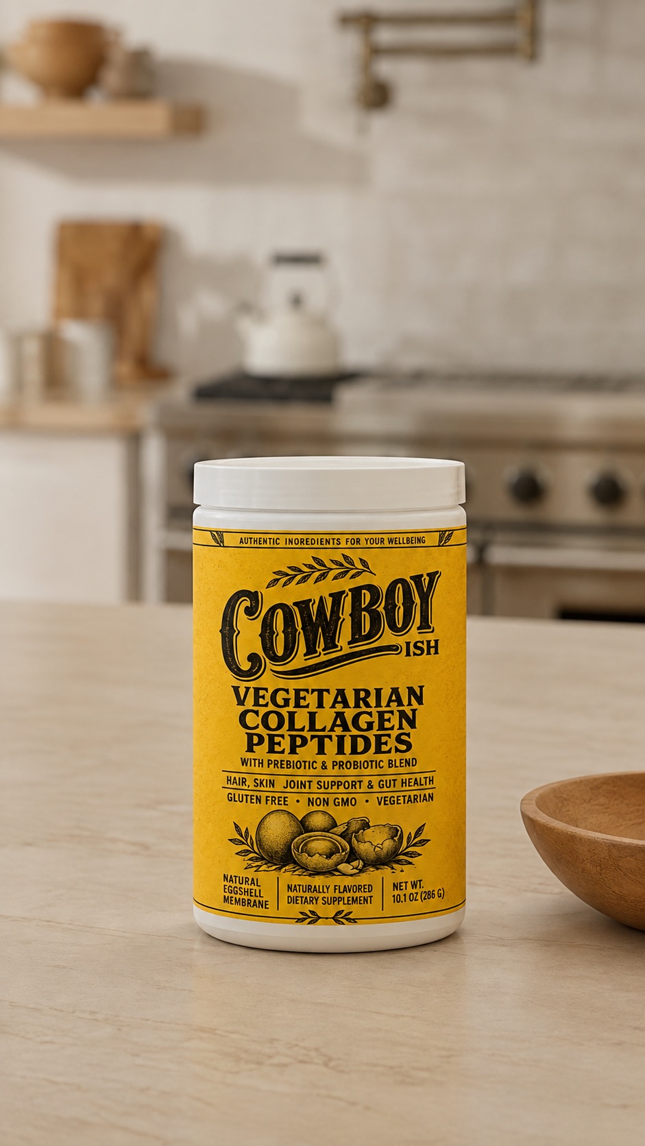 Cowboyish Vegetarian Collagen Peptides tub on a kitchen counter