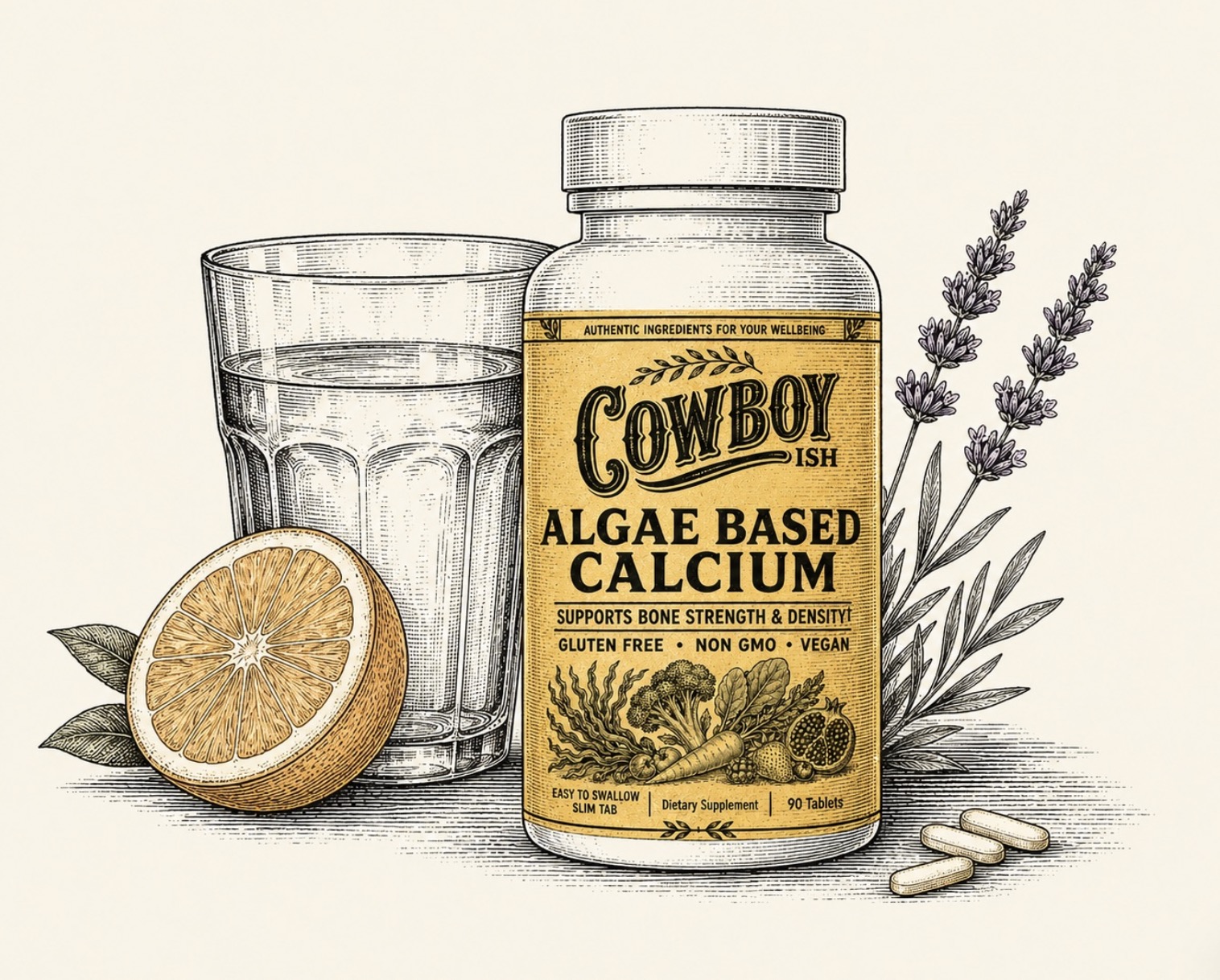 Cowboyish Algae-Based Calcium bottle beside a glass of water, orange slice, and lavender sprig